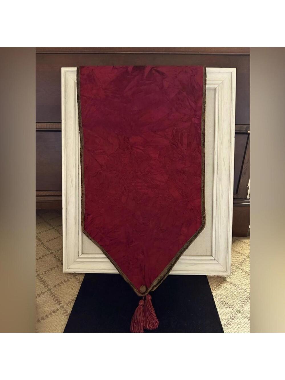 Vintage flocked velvet burgundy table runner with border with tassel